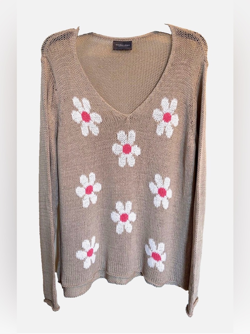Wooden Ships Daisy Sweater M/L Taupe Cotton Blend Floral Lightweight Knit Top